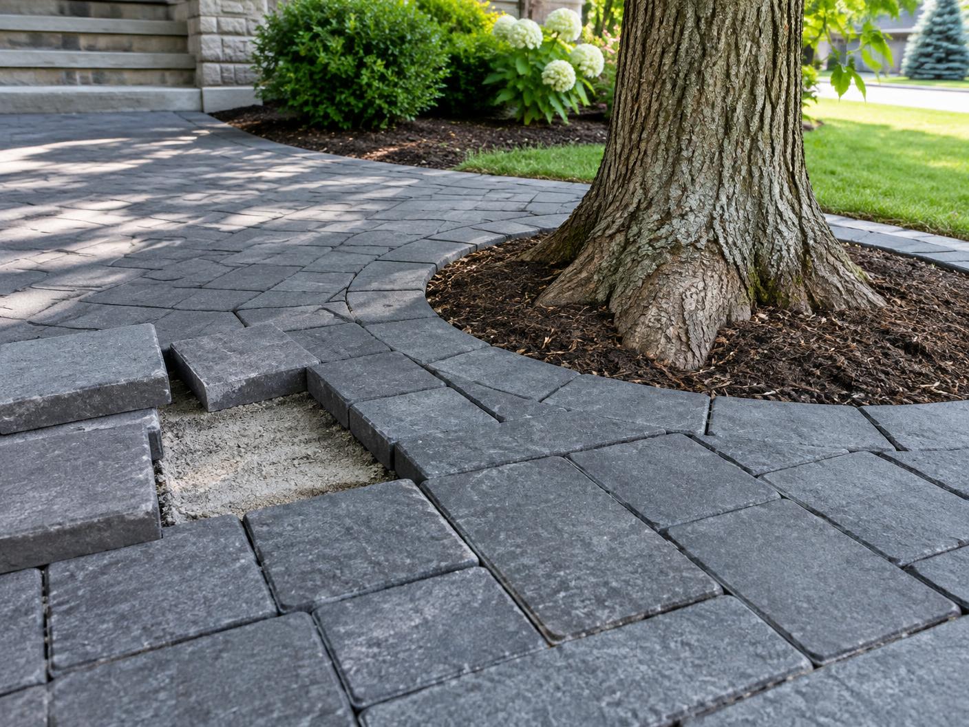 Interlocking stone around a tree root showing an area ready for repair